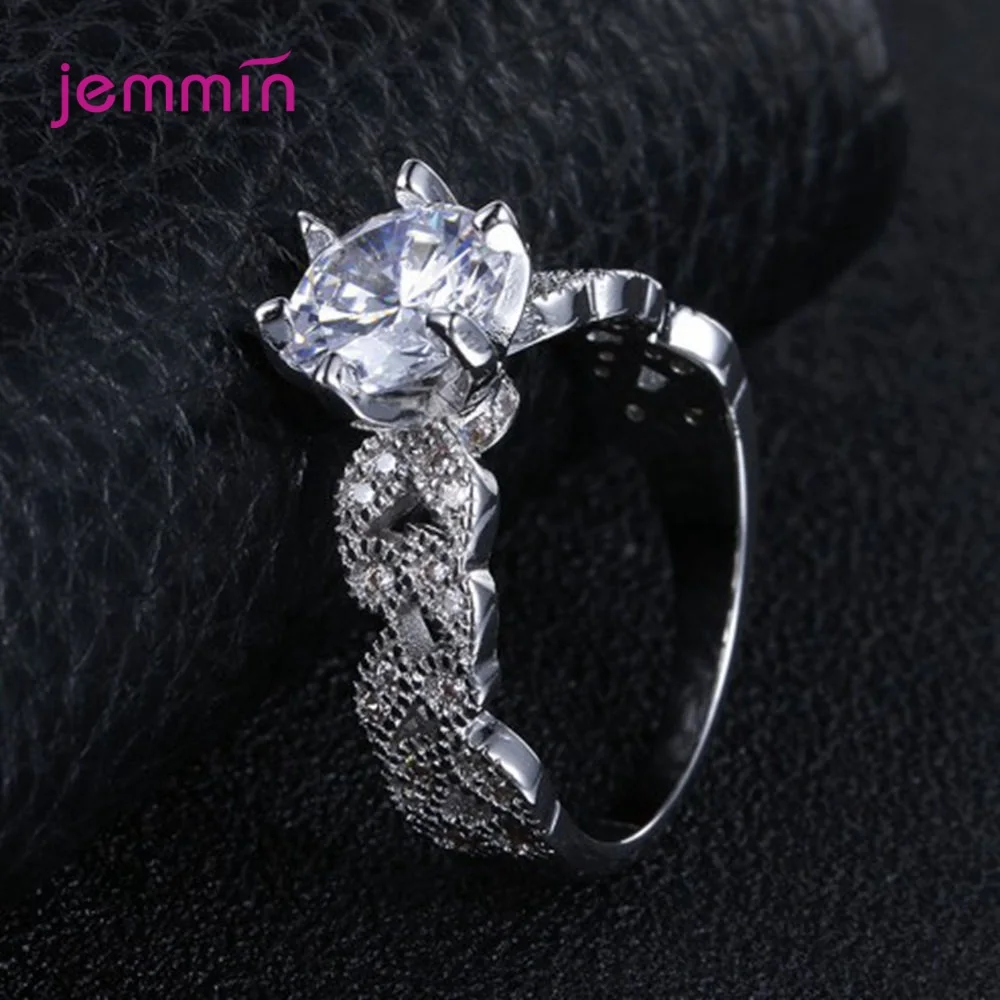 Crystals Cubic Zircon Shiny Piercing Rings 925 Pure Silver Women Fashion Jewelry High Quality Leaf Design Finger Rings Gift