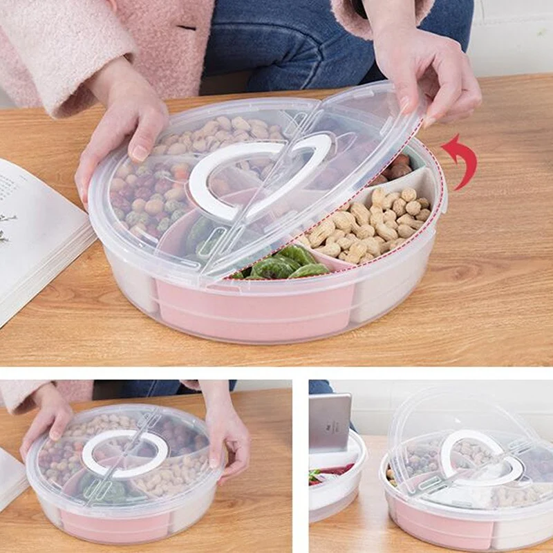 

Portable Snack Candy Tray Multi-functional Five-divided Fruit Box Pink Tray Nut And Candy Snack Service Round Tray 31x7.5CM