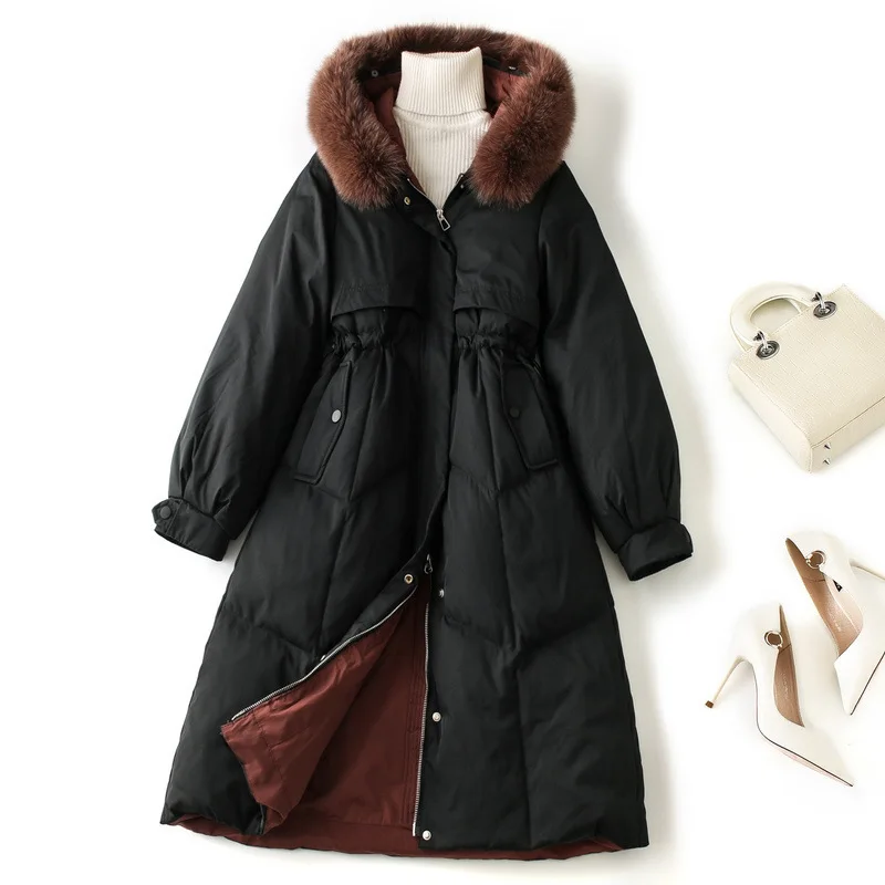 Long White Duck Down Jacket Women Winter Fox Fur Collar Single-breasted Zipper Hooded Coat 612LY
