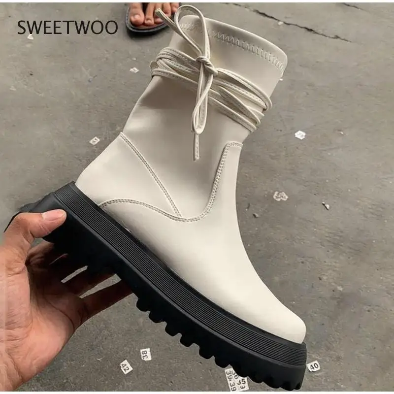 Women's Fashion Boots PU Leather Platform Female Bandage Ankle Boot Zipper Thick Bottom Non Slip Woman Shoes Autumn Winter 2021