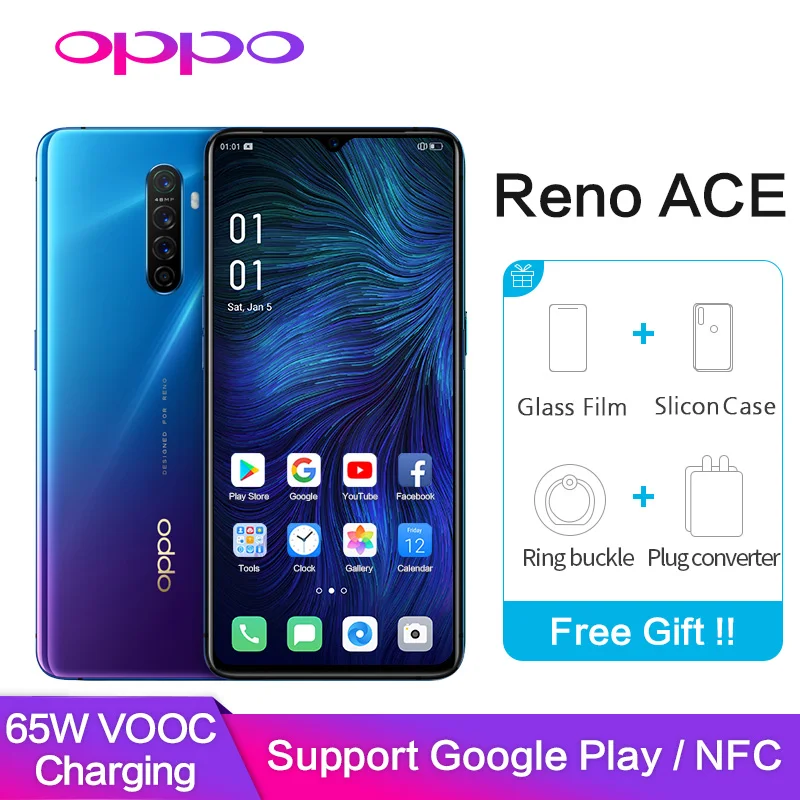 OPPO Reno Ace Поддержка Google Play NFC Global rom OTG type C 8 Гб 128 ГБ МП 65 Вт Super VOOC 90 Гц gps wifi мобильный смартфон