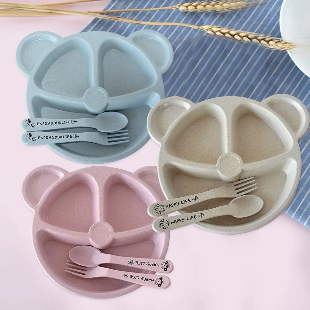 

baby Dinnerware Anti-hot Wheat Straw Training Plate Cartoon Bear Kids Dishes Baby bowl+spoon+fork Feeding Food Tableware Set