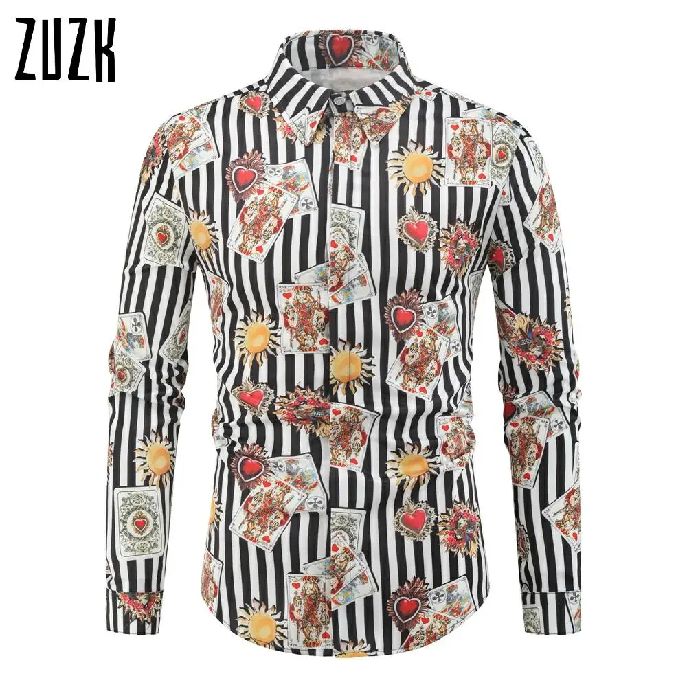 

Black White Striped Shirt Men Long Sleeve Playing Cards Printed Shirts Camiseta Retro Hombre Male Camisas Blouse Streetwear