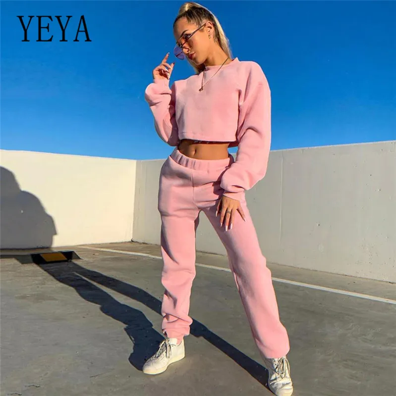 Розовый YEYA спортивные костюмы для женщин с длинными рукавами и круглым вырезом комплекты из двух предметов Беговые брюки в повседневном стиле модные спортивные комбинезоны - Цвет: Розовый