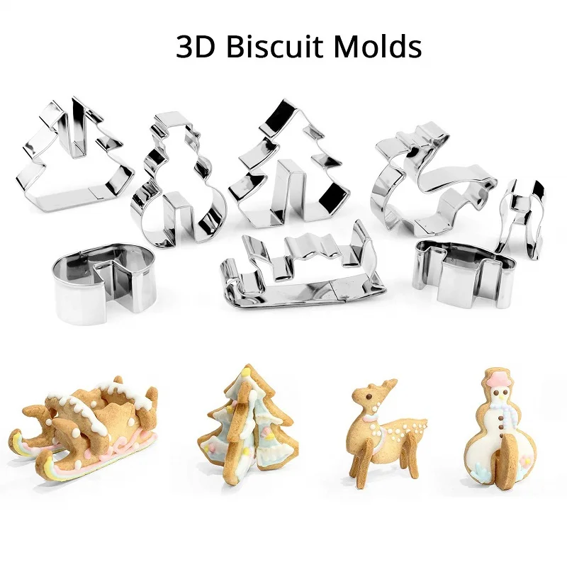 Cookie Cutter 3D Рождественский сценарий формочка для печенья, кухонный набор из нержавеющей стали, Рождественская елка, олень, сани, снеговик, модель формочки для печенья - Цвет: Cookie Cutter