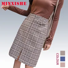 Юбки mujer femme осень зима клетчатая винтажная клетчатая повязка миди с разрезом уличная юбка с высокой талией Женская