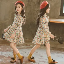 Г., свободное шифоновое платье для девочек-подростков весенне-осеннее Хлопковое платье с длинными рукавами и цветочным принтом для девочек от 3 до 13 лет, одежда для крупных девочек