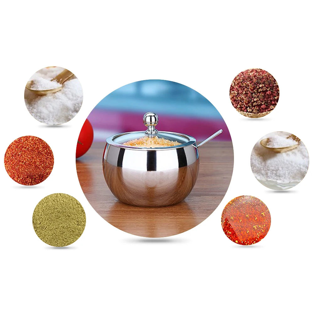 High-end Durable Stainless Steel Sugar Bowl with Lid and Sugar Spoon Versatile Seasoning Container Kitchen Tools Gadgets Can