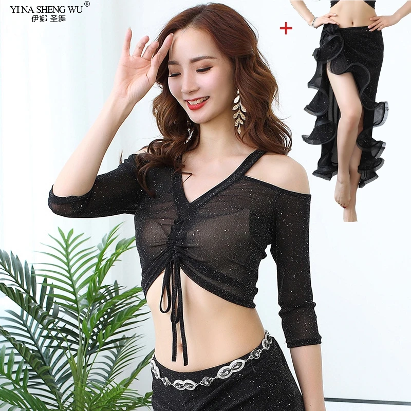 B-Black 3pcs Набор костюма для танца живота Сексуальная Серебряная Сетка Прозрачная женская тренировочная Одежда для танцев Одежда для восточных танцев длинная юбка - Цвет: B-Black 3pcs