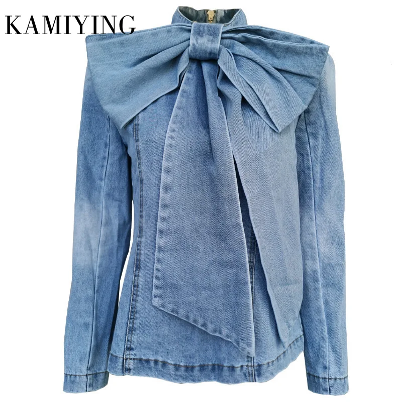 

Vintage Patchwork Bow Denim Women's Jacket Stand Collar Long Sleeve Ruched Jackets For Female 2020 Fashion Clothing