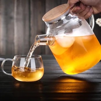 

Transparent Glass Teapot with Wooden Lid Cold Kettle Portable Heat-resistant Water Bottle High Capacity Juice Pot Home Teaware