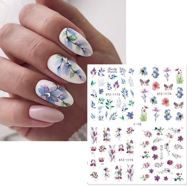 Leaf Vine Stickers For Nails Fashion Purple Flowers Water Sliders Butterfly Geometry Nail Art Decals Set LASTZ888-STZ891