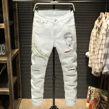 

6906 Hot Drilling Hole Jeans Male 2020 Xia Chao Brand Elastic Force Slim Fit Feet Pants