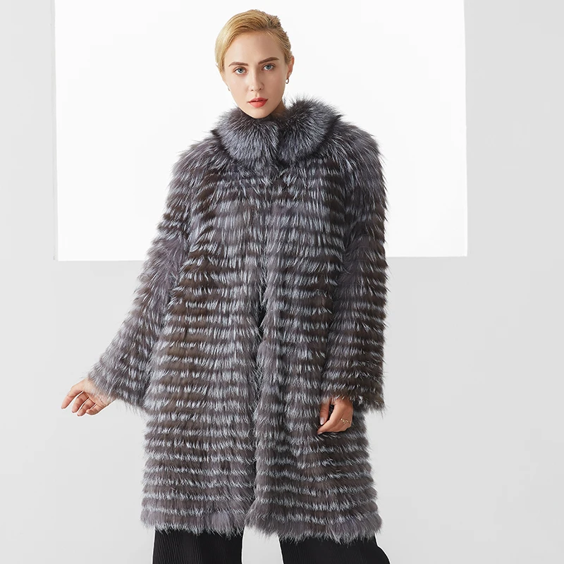 

Winter Coat Women New Fashion Luxury Gray Color Long Elegant Warm Real Fox Fur Covered Jackets Coat Womens Clothing Plus Size