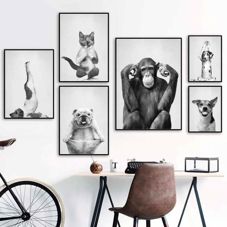 

Dancing Yoga Cat Dog Monkey Wall Art Canvas Painting Black White Nordic Posters And Prints Wall Pictures For Living Room Decor