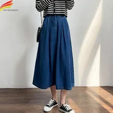 

2022 Spring Denim Skirt Women High Waist A Line Plus Size Skirt Pockets Korean Style Casual Blue Jean Skirts Jupe Longue Femme