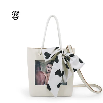 

ESHUNFA Women Shoulder Bag The Large Capacity Cover Magazine Sticker Decoration Ribbon Decoration Elegant Temperament Hand Bag