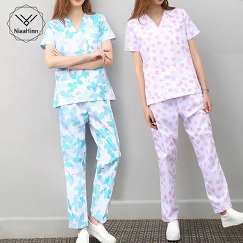 

Plus Size Medical Clothes Pink Flower Printing Nursing Uniforms Medical Clothing Dental Clinic Hospital Work Wear Surgical Suit