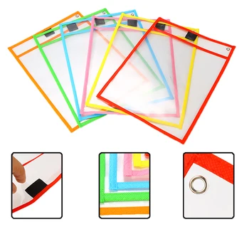 

6Pcs/Set Kids Transparent Write And Wipe Pockets 6 Colors Reusable Dry Erase Pockets Sleeves with Pen Holder Storage Supplies