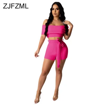 

Solid Sexy Two Piece Set Summer Clothes for Women Slash Neck Backless Ruffle Crop Top + Lace Up Bodycon Shorts Plus Size Outfits