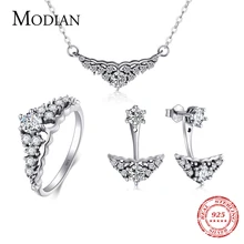 Modian, настоящая 925 пробы, Серебряная корона, ювелирный набор, классическое свадебное кольцо, модное ожерелье с подвеской простое, серьги-гвоздики для женщин