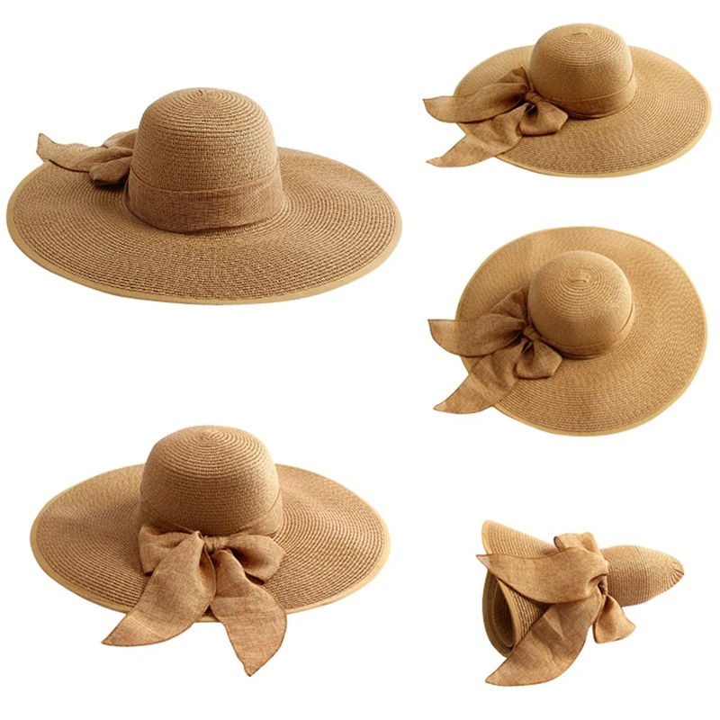 Женская большая соломенная шляпа Bowknot Floppy Складная сворачивающаяся пляжная кепка шляпа от солнца
