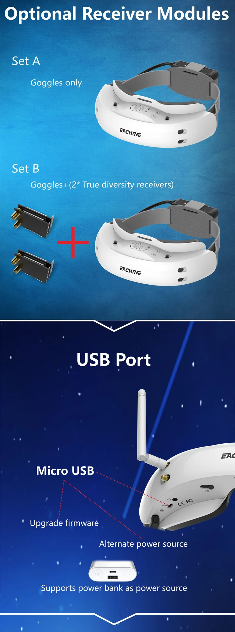 Eachine EV200D 1280*720 5,8G 72CH истинное разнообразие FPV очки HD порт в 2D/3D встроенный DVR Sup порт режим отображения ed