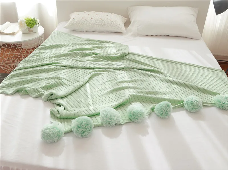 Мягкое хлопковое одеяло, Скандинавское вязаное одеяло из шерстяных ниток, меховое покрывало для кровати или дивана с помпоном, чехол для стула