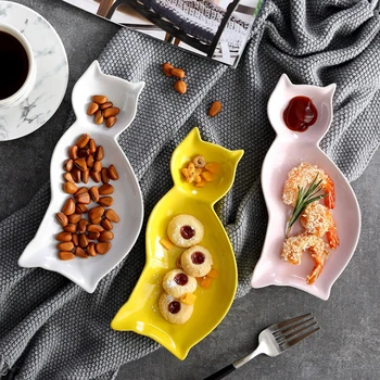 

Cartoon Ceramic Kitten Dessert Plate Snack Platter Fruit Tray Multifunction Steak Salad Cake Dish Kitchen Decoration Tableware
