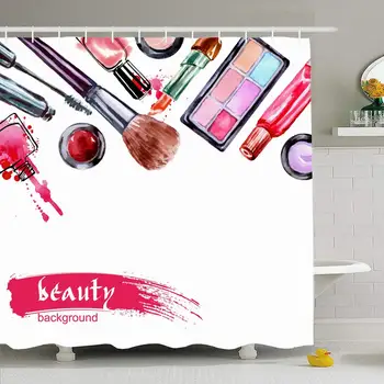 

Shower Curtain Set with Hooks 66x72 Watercolor Cosmetics Object Pattern Pink Up Girl Make Artist Objects Vintage Design Beauty