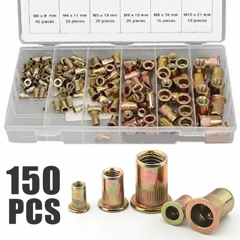

150Pcs Nutserts Rivet Nuts Flange Rivnuts Zinc Plated Steel Nutsert M3-M10 Kit