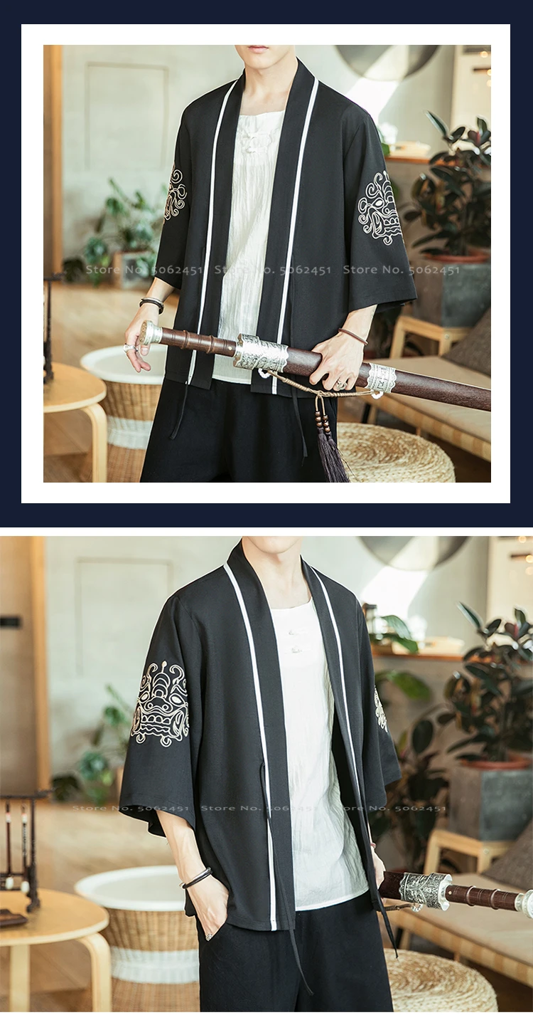 Пальто в китайском стиле в стиле ретро Hanfu, халаты, костюм «кун-фу Тан», мужские японские кимоно, кардиган, Yukata Haori, куртки с принтом дракона, уличная одежда