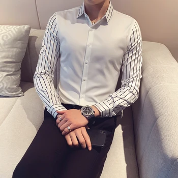

Luxury Fake Two Striped Casual Shirts Men Slim Fit Business Dress Shirts Streetwear Social Tuxedo Shirts Male Clothing Camisa