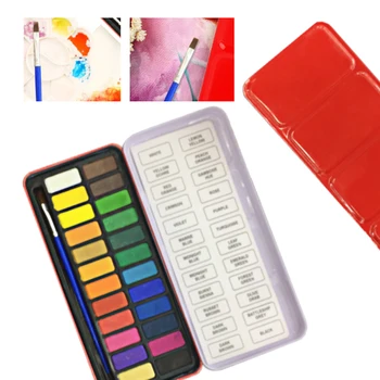

24 Colors Portable Solid Watercolor Set Drawing Paints Set with Paint Brush Red Iron Box Watercolors Art Supplies Pigment