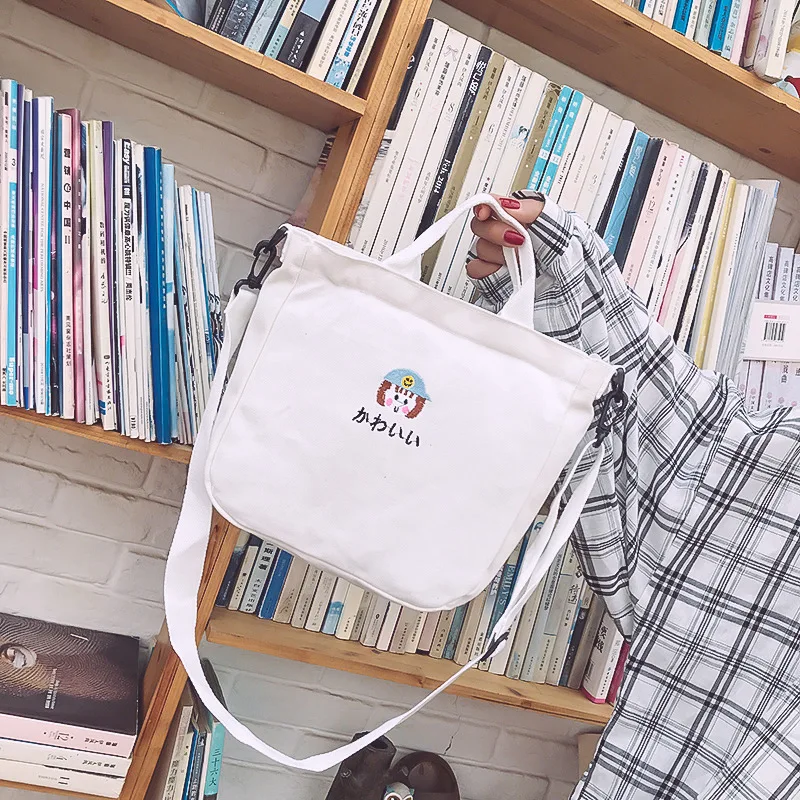 Summer Japanese-style INS Casual One Shoulder Canvas Bag Schoolbag Cute Embroidered Pattern Shopping Bag