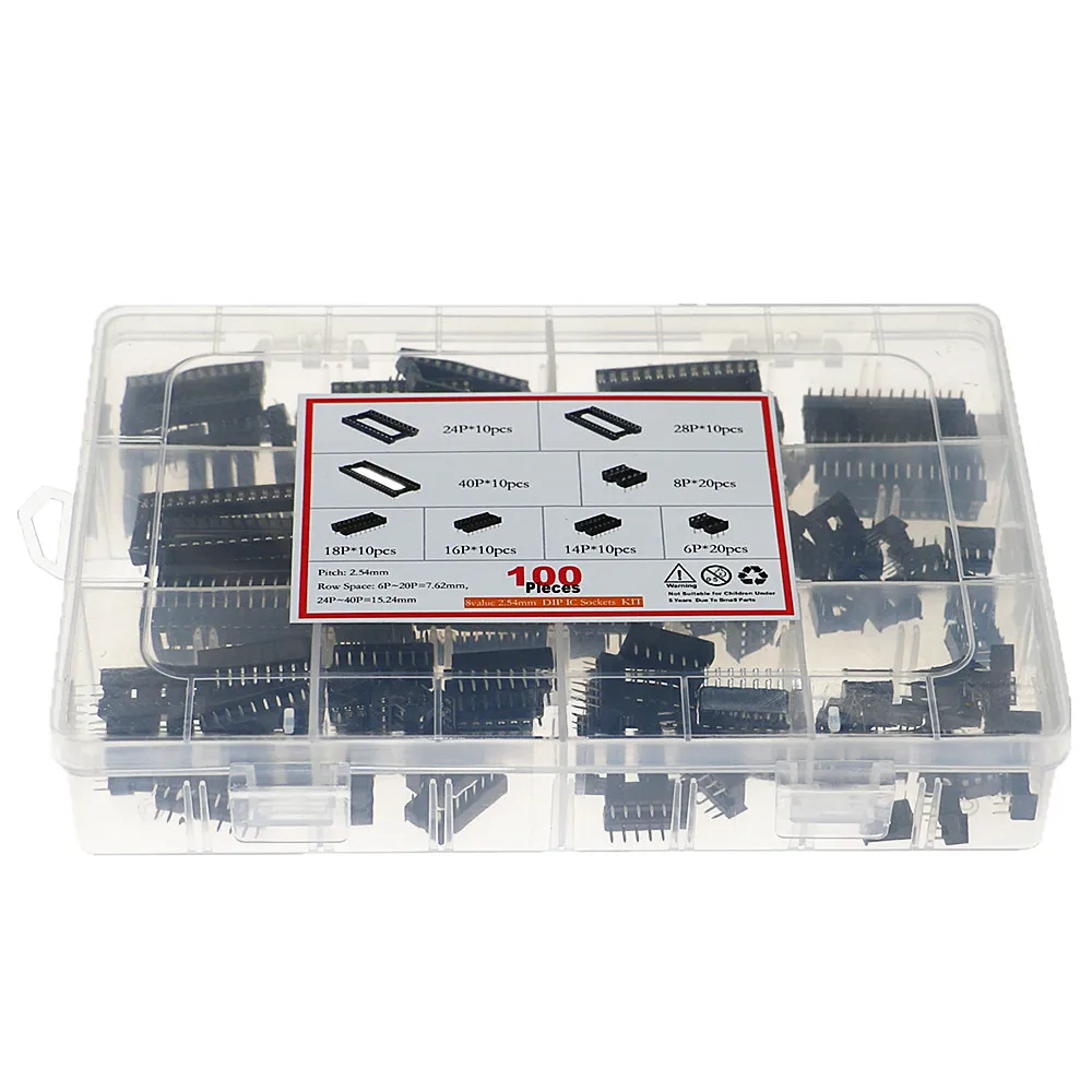DIP IC 소켓 솔더 타입 어댑터 모음 키트, 박스 당 100 개, 2.54mm 피치, 6, 8, 14, 16, 18, 24, 28/40 핀