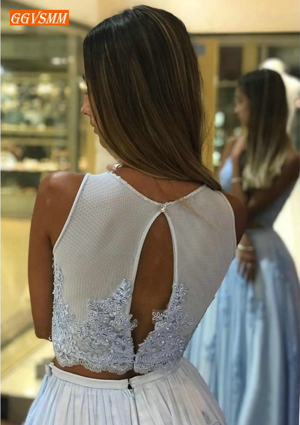 Стильные Boho из двух частей небесно-синие платья на выпускной длинная аппликация из шифонового кружева бисером линии формальное платье Индивидуальные вечернее платье