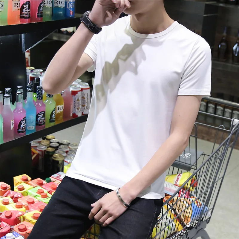 

MEN'S Short-sleeved T-shirt Base Shirt Solid Color Pure Black White round Neck Summer Autumn Clothes Trend Korean-style Slim Fit