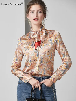

Heavy craft ink printing straps detachable bows streamers satin shirts ladies spring and autumn a variety of wearing tops