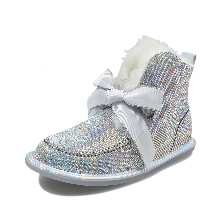 Обувь с украшением в виде кристаллов женские низкие ботинки женские ботильоны на шнуровке с круглым носком из PU искусственной кожи зимние женские ботинки на плоской резиновой подошве со шнуровкой - Цвет: Белый