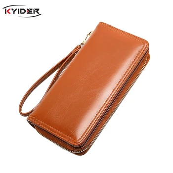 

Solid Color Long Oil Wax Wallets + Card Holder Simple Style Students Purse All-match Zipper & Hasp Pu Leather Wallet KYIDER