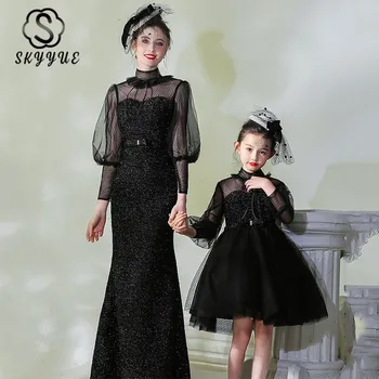 

Skyyue Sparkling Parent-child Evening Dress FB158 Black Patchwork Party Gown High Collar Long Sleeve Mother And Daughter Dresses