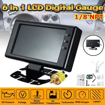

LCD Car Digital Gauge 6in1 Meter Oil Pressure Voltage Water Temperature Oil Temperature Tachometer RPM 0-8000 :0-100PSI 8-18V