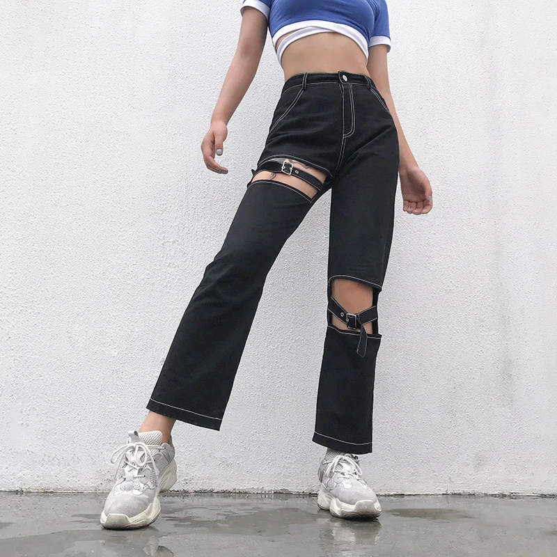 Jazz Hip Hop Costume Fashion Black Openwork Jeans Flare Trousers Nightclub Dj Street Dancer Womens