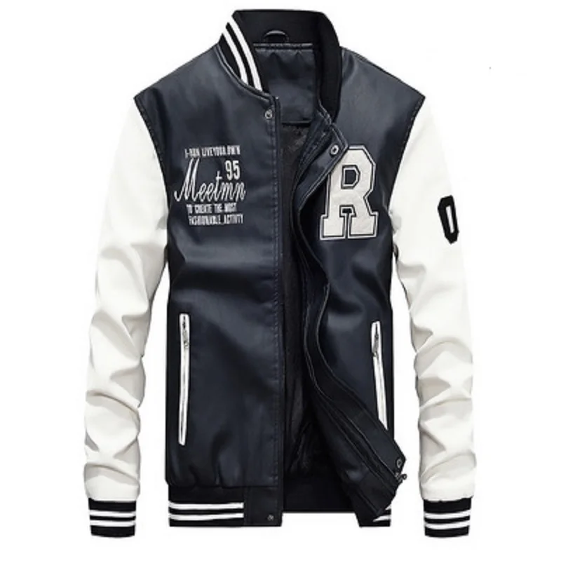 

Leather Jacket Men Bomber Baseball Jacket Biker Pu Coat Faux Pilot Varsity Fleece College Black Slim Fit Motorcycle