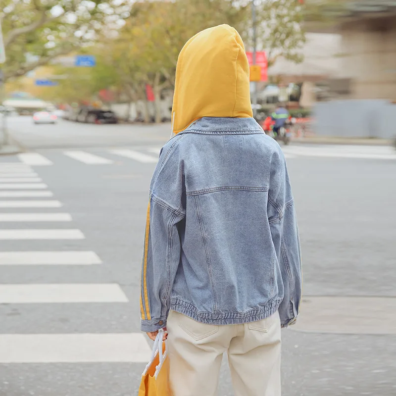 

Autumn New Style Fashion Hong Kong Style Hooded Splittable Jeans Coat Harajuku INS Students Tops Jacket College Style Women's