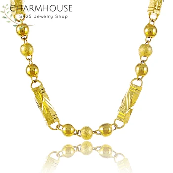 

Charmhouse Yellow Gold GP Necklaces For Men Geometric Bead Chain Long Necklace Collier Homme Hip Hop Jewelry Accessories Gifts