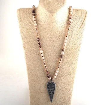 

MD Fashion Bohemian Tribal Jewelry Multi Stone Beige Glass Long Knotted Black Metal Heart Pendant Necklaces
