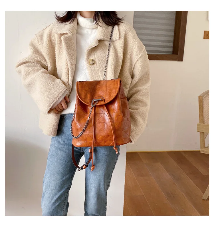 Women's Fashion Soft Leather Backpack With Chain Female Large Capacity Geometric Backpack Purse Girls Travel Bags Black Wine red (13)