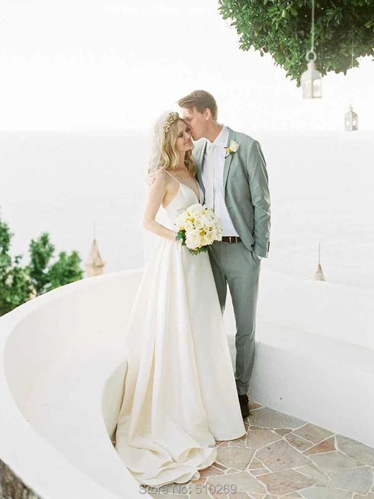 A line V Neck Spaghetti Straps Low Back Lustrous Satin Plunging V Neck Bridal Gown Vestido De Noiva Wedding Dress